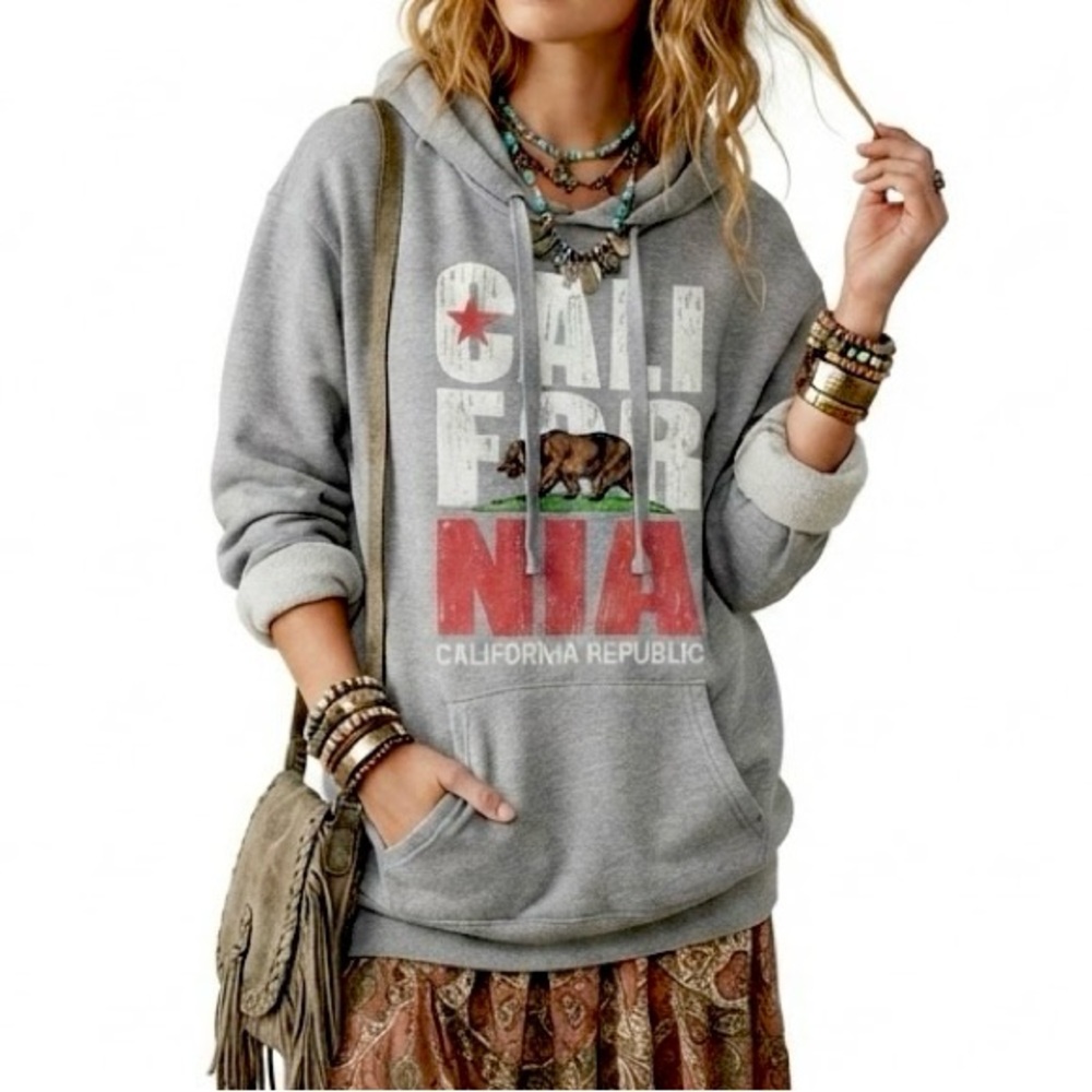 CALIFORNIA REPUBLIC Hoodie Grey Vintage Distress Bear Logo Skater Streetwear